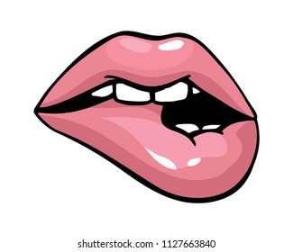 Vector illustration of sexy doodle womans natural rose lips expressing different emotions, half-open mouth with white teeth, bitten lip. Isolated on transparent background. Prints and stickers. 