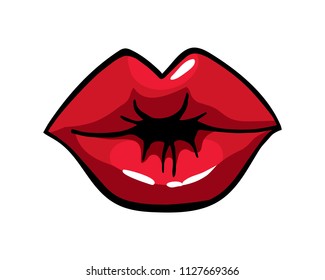 Vector illustration of sexy doodle woman's red lips expressing different emotions, half-open mouth, kiss. Passion red lips isolated on transparent background. 