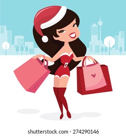 A vector illustration of a sexy and happy retro pinup girl in santa costume and her shopping purchases. The cityscape background is in separate layer.