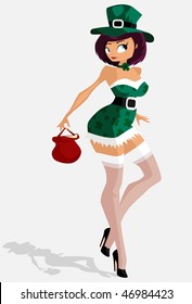 Vector illustration: sexy leprechaun with pot of gold bag.