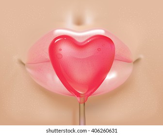 Vector illustration of sexy lips and heart shaped lollipop