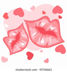 vector illustration of sexy pink lips with heart shapes on seamless heart shape background for Valentines Day and other occasions.
