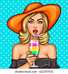 Vector illustration of a sexy pop art girl in a wide-brimmed hat holding a cocktail in her hand and drinks through a straw