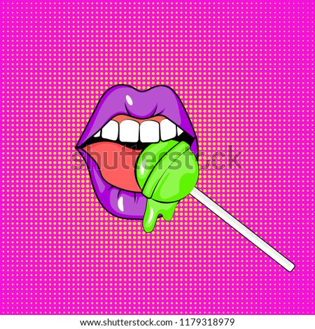 Vector illustration. Sexy purple lips with candy on pink background with yellow dots in the style of comics. Vector illustration for print. green sweet lollipop in the mouth in pop-art style