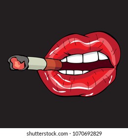 Vector illustration.  Sexy red lips with cigarette on a black background in the style of comics. Vector illustration for print. 