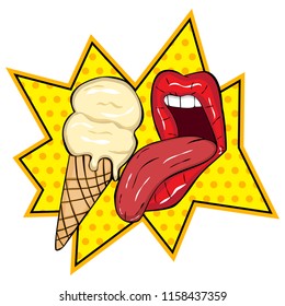 Vector illustration. Sexy red lips with tongue lick ice-cream. Comics style. White background .