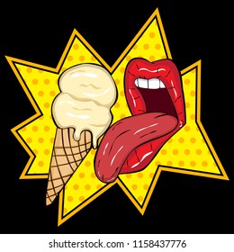 Vector illustration. Sexy red lips with tongue lick ice-cream. Comics style. Black background .