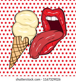 Vector illustration. Sexy red lips  with ice-cream  in waffle   on a polka-dot background in the style of comics. Vector illustration for print. 