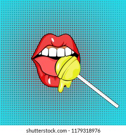 Vector illustration. Sexy red lips with candy on blue background with red dots in the style of comics. Vector illustration for print. yellow sweet lollipop in the mouth in pop-art style