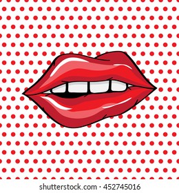 Vector illustration.  Sexy red lips on a polka-dot background in the style of comics. Vector illustration for print. 