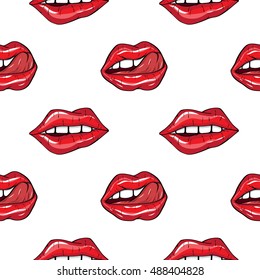 Vector illustration.  Sexy red lips onwhite background in the style of comics. Vector seamless pattern for print. 