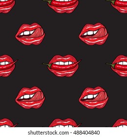 Vector Illustration.  Sexy Red Lips With Tounge And Chili Pepper On Black Background In The Style Of Comics. Seamless Vector Pattern For Print. 