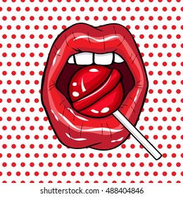 Vector illustration.  Sexy red lips on a polka-dot background in the style of comics. Vector illustration for print. Red  sweet lolipop in the mouth in popart style
