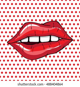 Vector illustration.  Sexy red lips on a polka-dot background in the style of comics. Vector illustration for print. 