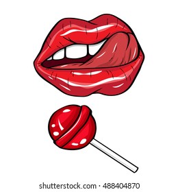 Vector illustration.  Sexy red lips on white background in the style of comics. Vector illustration for print. Tongue in the mouth  licks lips wants lolipop.