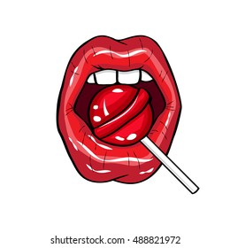 Vector illustration.  Sexy red lips with candy  on white  background in the style of comics. Vector illustration for print. Red  sweet lollipop in the mouth in pop-art style