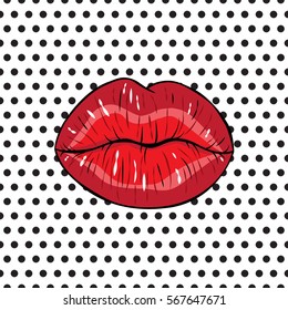 Vector illustration.  Sexy red lips, kiss on a polka-dot background in the style of comics. Vector illustration for print. 
