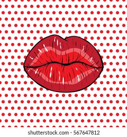 Vector illustration.  Sexy red lips, kiss on a polka-dot background in the style of comics. Vector illustration for print. 