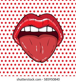 Vector illustration.  Sexy red lips and tongue on a polka-dot background in the style of comics. Vector illustration for print. 