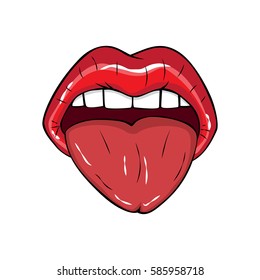 Vector illustration.  Sexy red lips and tongue isolated on white background in the style of comics. Vector illustration for print. 