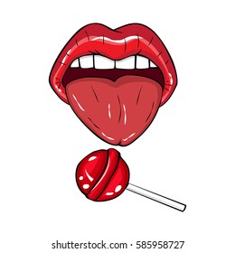 Vector illustration.  Sexy red lips on white background in the style of comics. Vector illustration for print. Tongue in the mouth  licks lips wants lolipop.