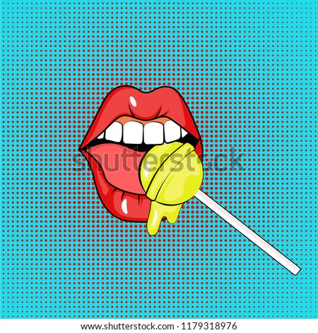 Vector illustration. Sexy red lips with candy on blue background with red dots in the style of comics. Vector illustration for print. yellow sweet lollipop in the mouth in pop-art style