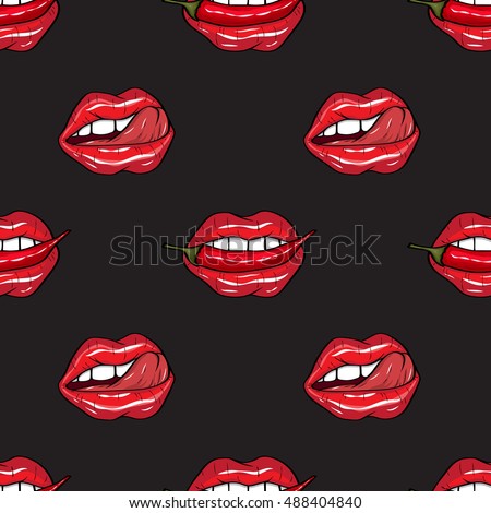 Vector illustration.  Sexy red lips with tounge and chili pepper on black background in the style of comics. Seamless vector pattern for print. 