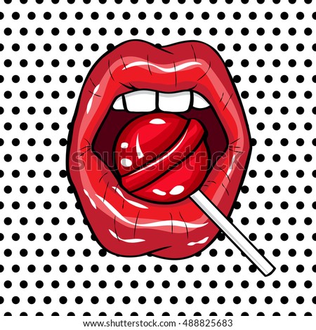 Vector illustration.  Sexy red lips on a black polka-dot background in the style of comics. Vector illustration for print. Red  sweet lollipop in the mouth in pop-art style