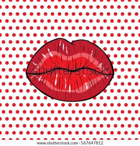 Vector illustration.  Sexy red lips, kiss on a polka-dot background in the style of comics. Vector illustration for print. 