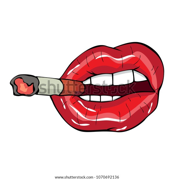 Vector Illustration Sexy Red Lips With Cigarette On White Background In The Style Of Comics