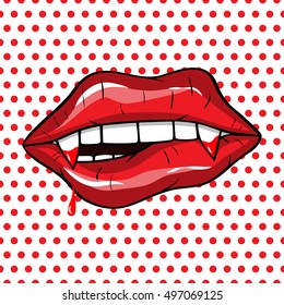 Vector illustration.  Sexy red vampire lips with  fangs and bllood on a polka-dot background in the style of comics. Vector illustration for print.