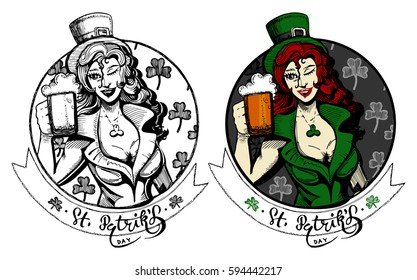Vector illustration of a sexy Saint Patrick's day redhead girl waitress in green Irish costume on shamrock background, with ribbon St. Patricks day. Vintage drawing style.