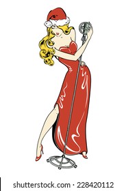 Vector illustration of sexy singer in comics style, Santa girl in Christmas red hat