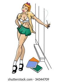 vector illustration of a sexy student pinup smoking