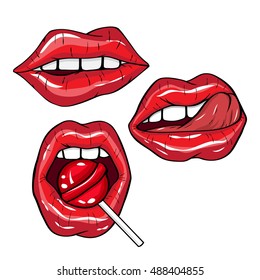 Vector illustration.  Sexy three red lips on white background in the style of comics. Vector illustration for print. Lips set.