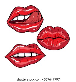 Vector illustration.  Sexy three red lips on white background in the style of comics. Vector illustration for print. Lips set.