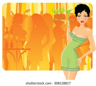 Vector illustration of sexy waitress in night club.Background, silhouettes and waitress on separate layers.