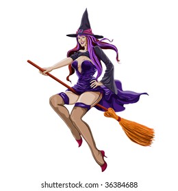 vector illustration, sexy witch flying on a broom, white background, halloween concept