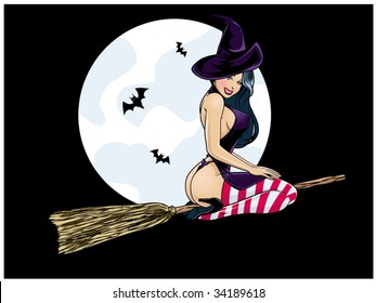 vector illustration of a sexy witch riding a broom