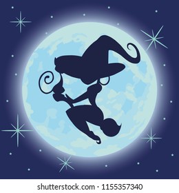 Vector illustration of a sexy witch silhouette over a blue dark night sky.
