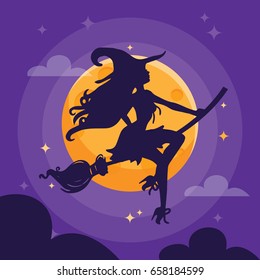 A Vector Illustration Of A Sexy Witch Silhouette Over A Purple Dark Halloween Night Sky.