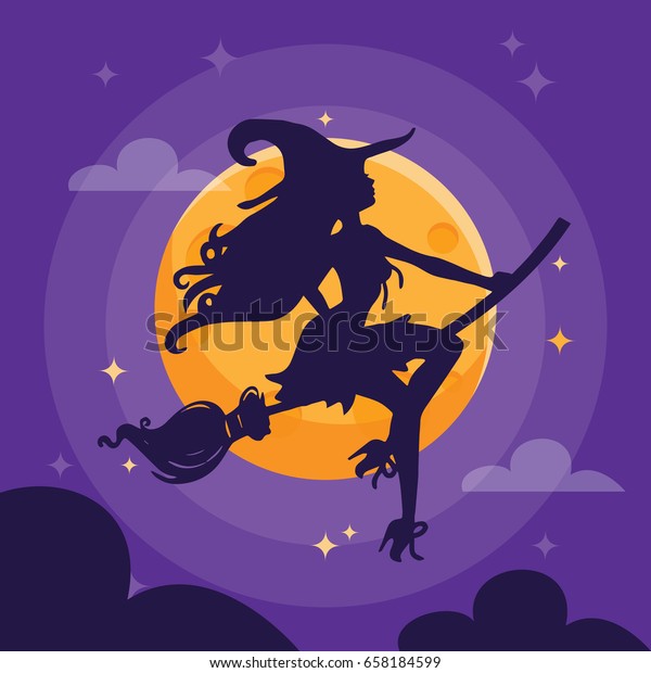 紫の暗いハロウィーンの夜空にセクシーな魔女のシルエットのベクターイラスト のベクター画像素材 ロイヤリティフリー