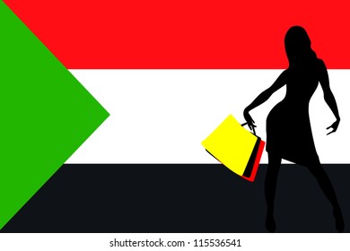 Vector Illustration of a sexy woman silhouette with shopping bags with the flag of Sudan
