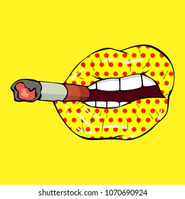 Vector illustration.  Sexy yellow  lips in polka-dots pattern with cigarette on yellow background in the style of comics. Vector illustration for print. 
