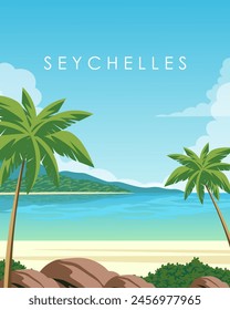 Vector illustration. Seychelles, island, poster design, banner, postcard. Wall poster, print. Modern design. Tourism, travel.