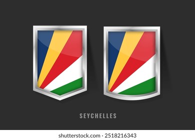 Ilustración vectorial del logotipo de SEYCHELLES Label. SEYCHELLES Signo de la insignia SEYCHELLES con la bandera, Plantilla de Anuncios de la etiqueta de Producto de Seychellois.