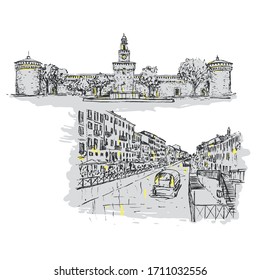Vector illustration of Sforza Castle and Navigli. Architectural sketch of Milan great for banner, poster and cards.