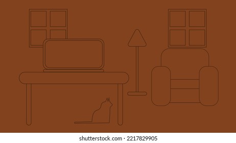 Ilustración vectorial en tonos marrones. Fondo marrón con contornos marrones más oscuros. Interior, escritorio, ordenador portátil, sillón, mesa y ventanas. Ilustración veltor del interior, oficina en casa.