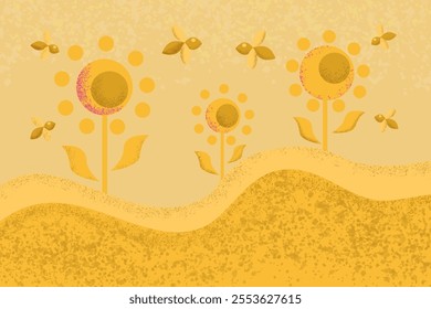 Vector illustration in shades of yellow and orange. Three flowers, flying bees. Colorful, summer, season, bee, insect, pollen, flower. Shading texture. Geometric wallpaper with a nature motif.