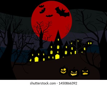 Vector illustration of the shadow of a house in the forest with a red full moon, Halloween concept